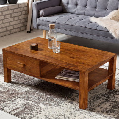 Contemporary solid wood coffee center table with storage drawer and open shelf