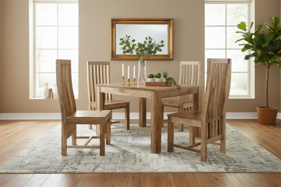 Dining room with wooden table and chairs, plants, and a mirror on the wall.