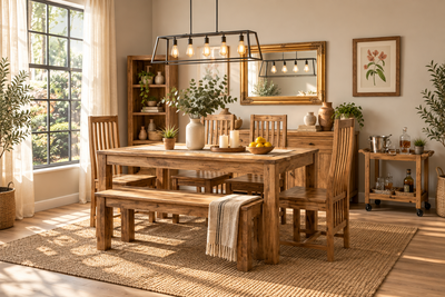 Dakota Solid Mango Wood 4, 6 & 8 Seater Dining Table Set with Chairs & Bench