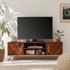 Solid Sheesham wood TV stand with herringbone cabinet doors, open shelving, and gold metal frame legs.