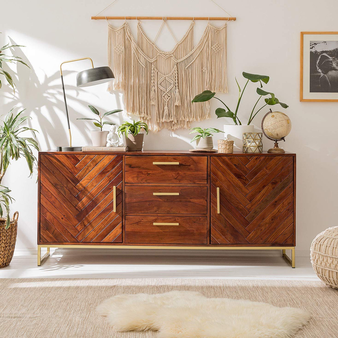 Designer Solid Sheesham wood sideboard cabinet with metal frame legs !
