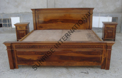 Wooden Indian Queen size Double Bed with 2 matching bed sides (round carving) Home & Living:Furniture:Bedroom:Beds