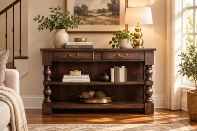 wooden console table with storage drawers and open shelf