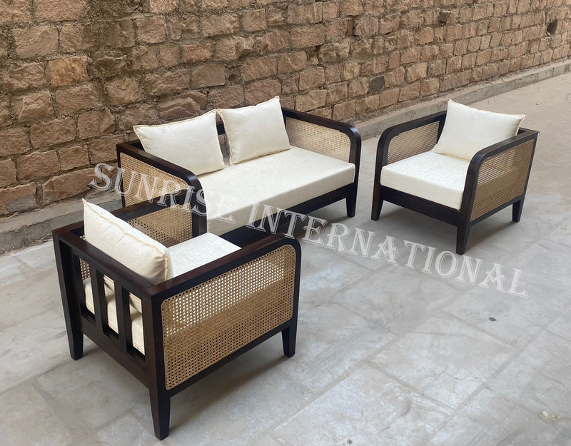 Buy wooden sofa set furniture online with rattan cane work in India ...