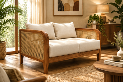 wooden two seater sofa in living room