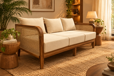wooden three seater sofa in living room