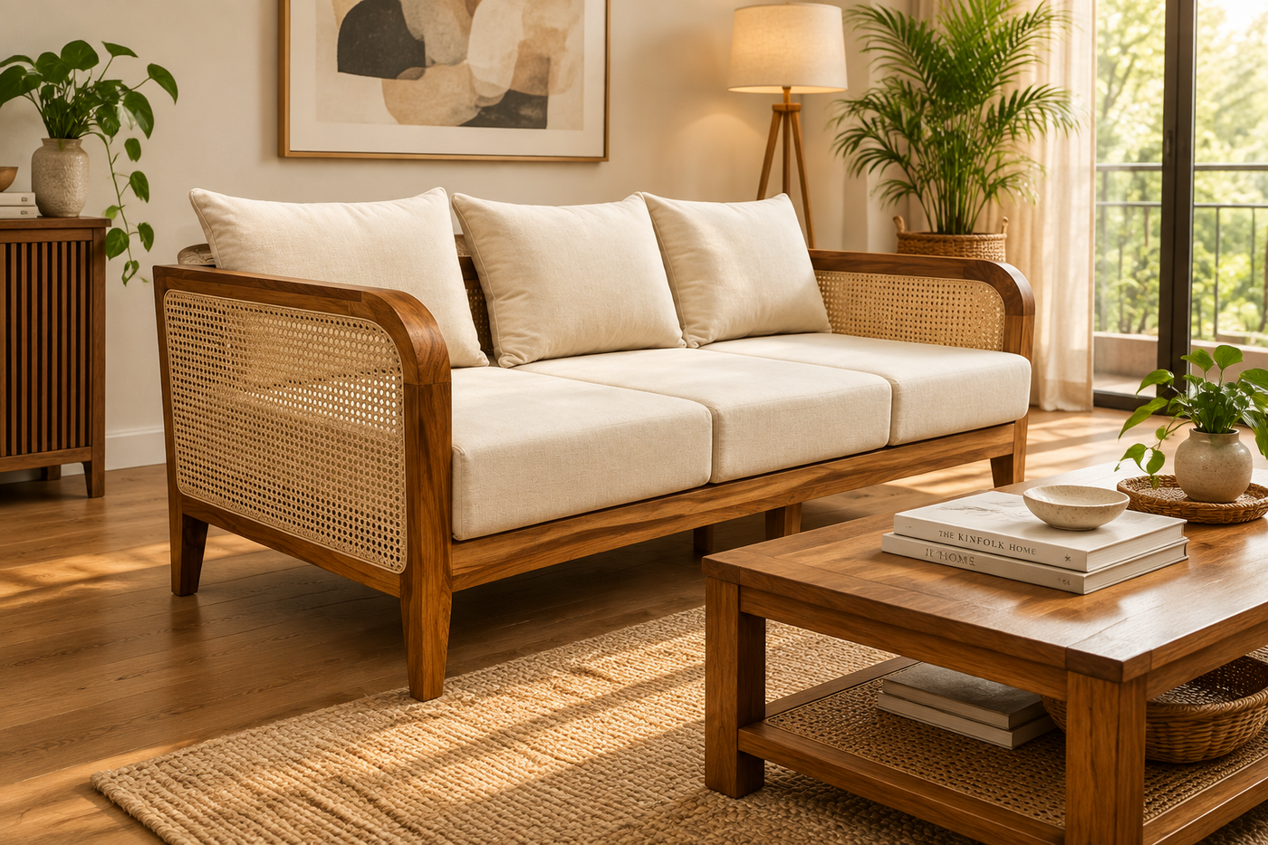 Designer wooden rattan cane sofa set with cushion - Make your combination !