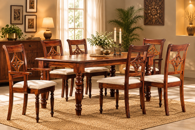 6 Seater Dining Table Set with 4 Chairs & 2 Arm Chairs