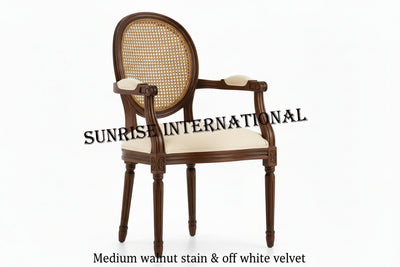 French Vintage solid wood Armchair with rattan cane work & seat cushion