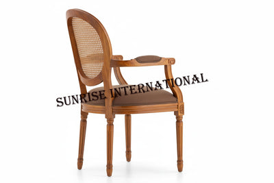 French Vintage solid wood Louis Armchair with rattan cane work & seat cushion