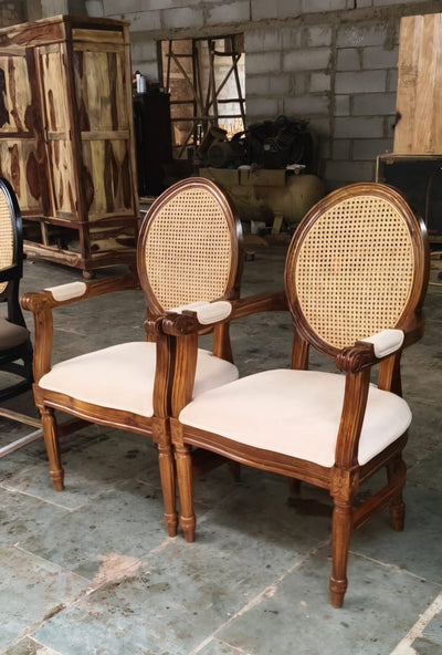 French Vintage solid wood Louis Armchair with rattan cane work & seat cushion