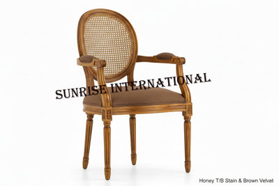 French Vintage solid wood Louis Armchair with rattan cane work & seat cushion