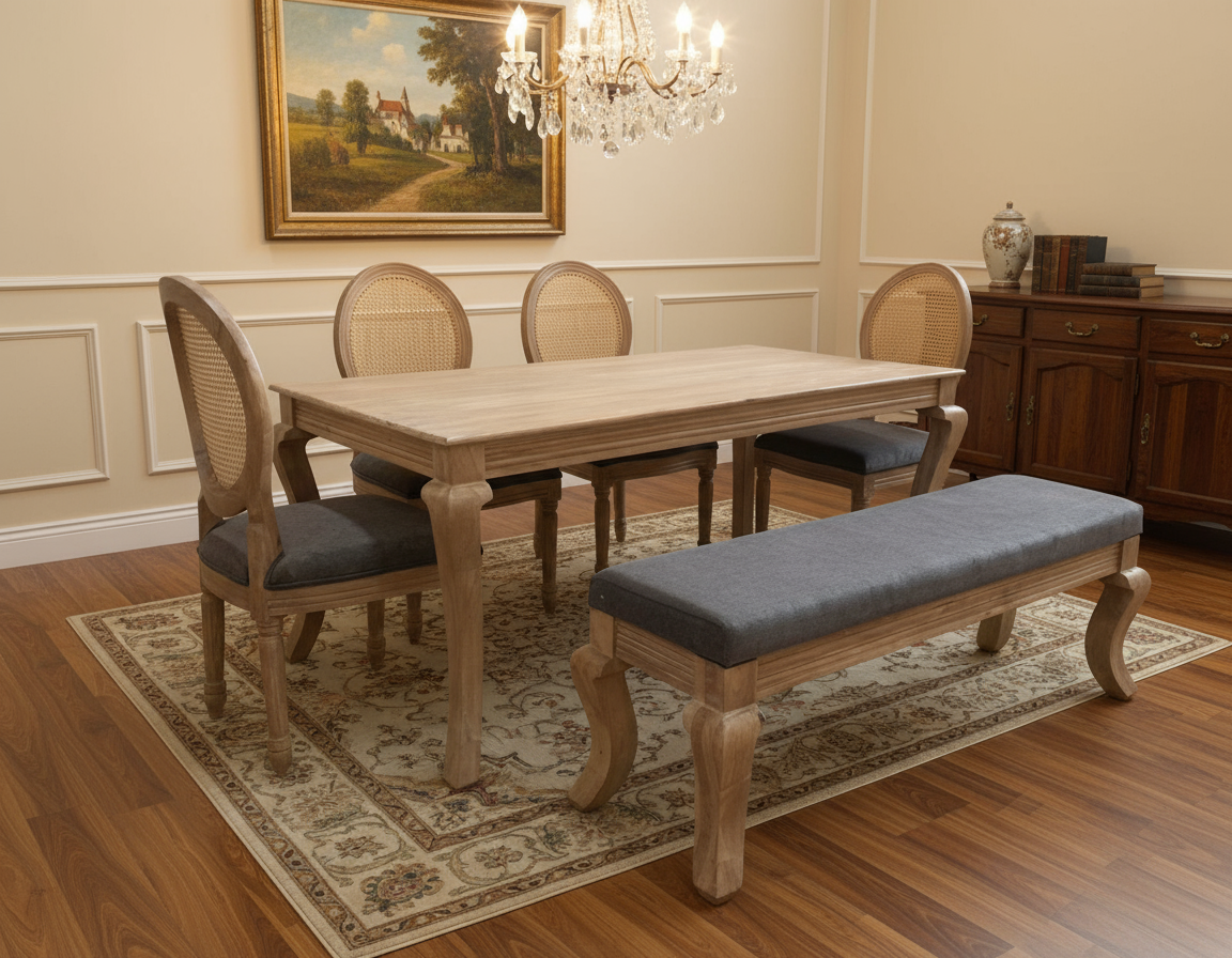 French style solid wood dining table, chair, bench set with rattan cane