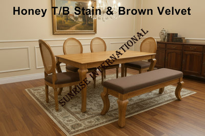 French style solid wood dining table, louis chair, bench set with rattan cane