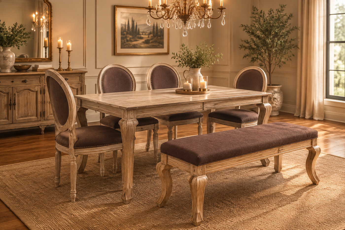 French style solid wood dining table with 4 chair & 1 bench set with cushion