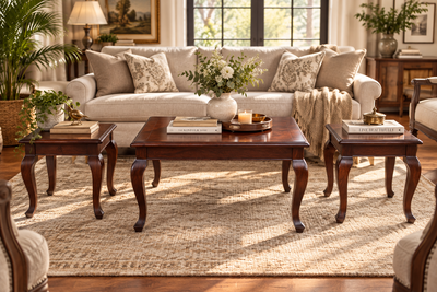 wooden french coffee table with 2 side tables in living room