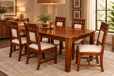 Solid Sheesham Wood 6 Seater Dining Table Set with Cushioned Chairs