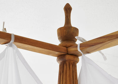 Hand-carved Mango wood poster bed finial and upper frame detail