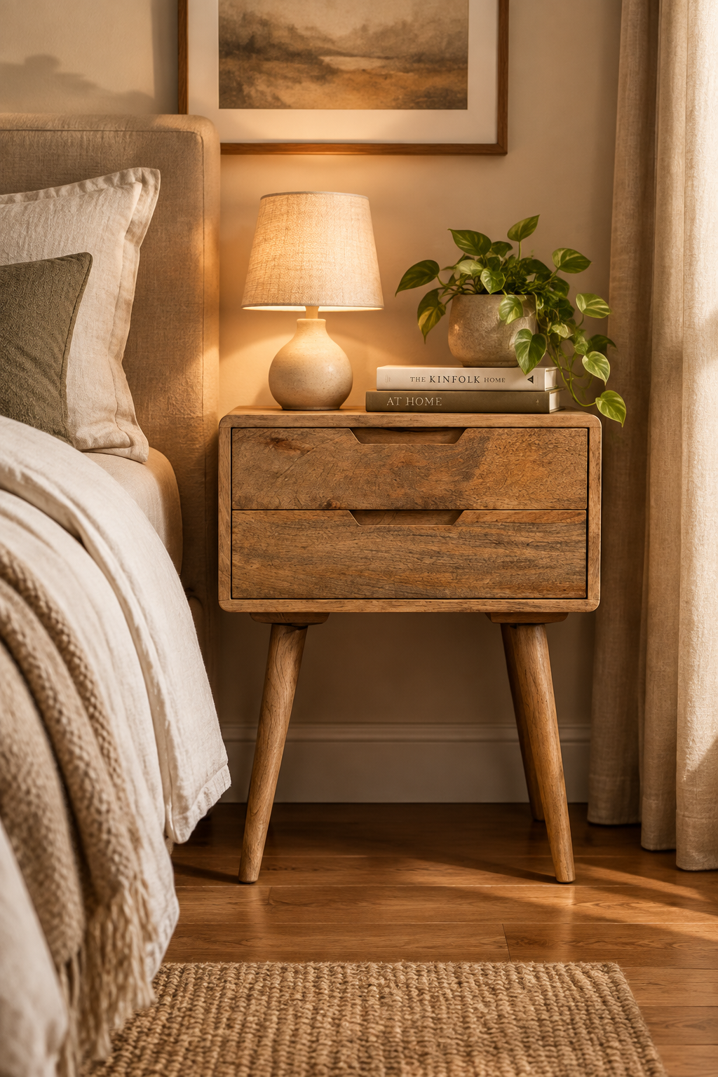 Wooden Bedside Table with 2 Drawers – Retro Side Table