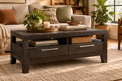 wooden coffee table with 4 storage drawers and bottom shelf