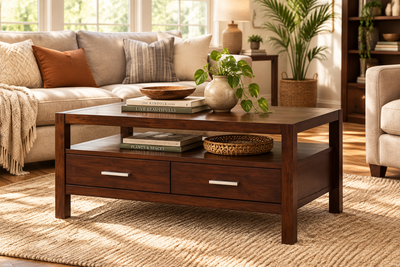 wooden coffee table with 4 storage drawers and bottom shelf