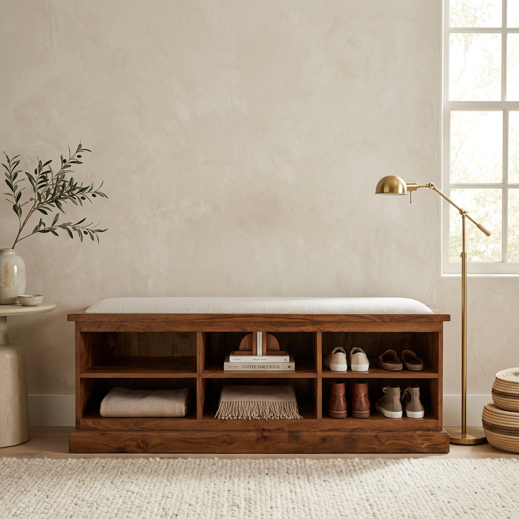 Handmade Wooden Large Shoe Rack cabinet cum Bench with Seat Cushion (SUN-WBH146)