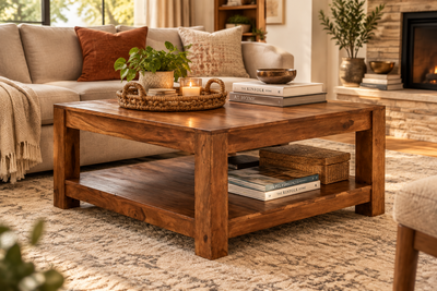 wooden square coffee table with bottom shelf