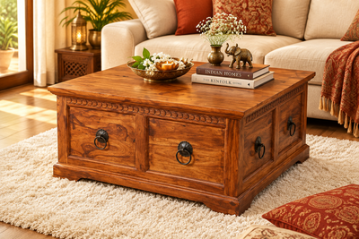 wooden storage trunk coffee table in living room