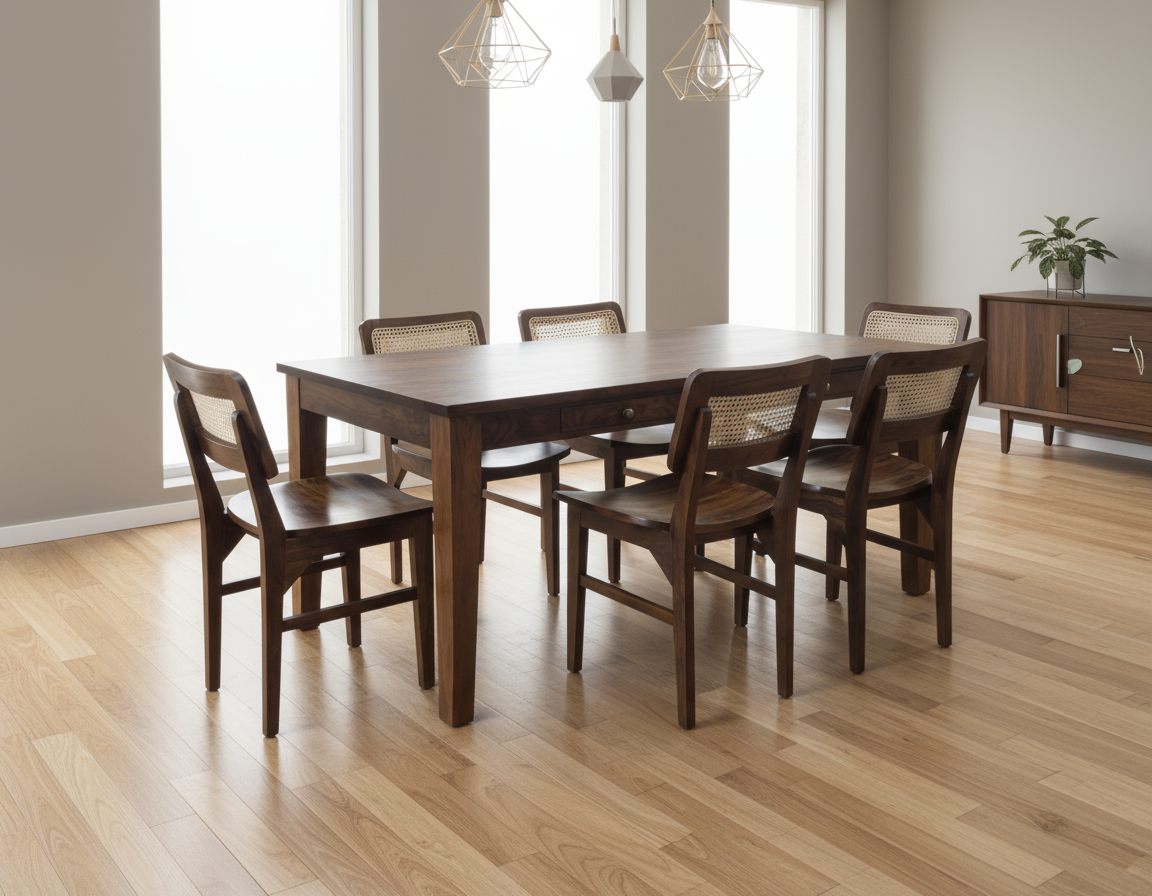 Mid Century Sheesham Wood 6 Seater Dining Table Set with Rattan Cane Chairs & Storage