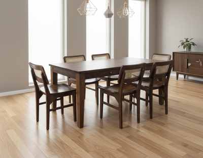 Mid Century Sheesham Wood 6 Seater Dining Table Set with Rattan Cane Chairs & Storage