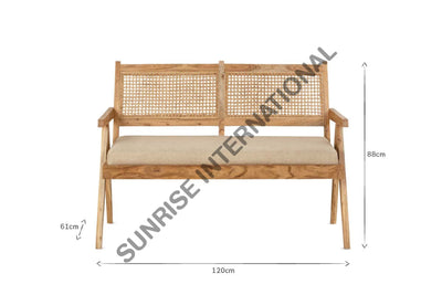 Mid Century Sheesham Wood Relaxing Bench With Rattan Cane & Seat Cushion Home