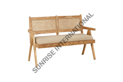 Mid Century Sheesham Wood Relaxing Bench With Rattan Cane & Seat Cushion Home