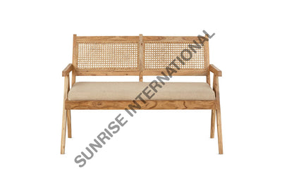 Mid Century Sheesham Wood Relaxing Bench With Rattan Cane & Seat Cushion Home