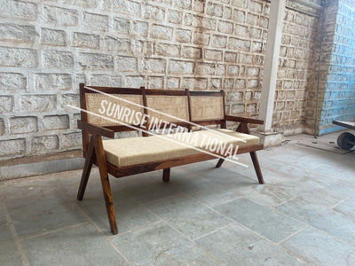 Mid Century Sheesham Wood Relaxing Bench with rattan cane & seat cushion