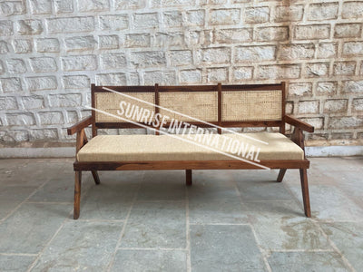 Mid Century Sheesham Wood Relaxing Bench with rattan cane & seat cushion