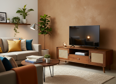Mid Century Sheesham wood TV cabinet with rattan cane work !