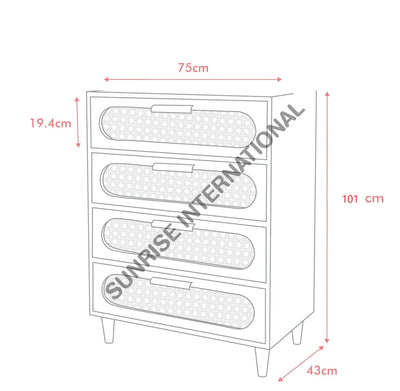 Mid Century Sheesham Wood Chest Of 4 Drawer Cabinet With Rattan Cane Work! Home &