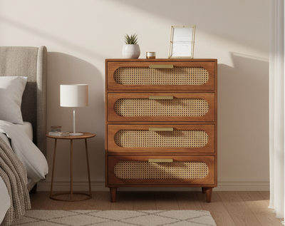 Mid Century Sheesham wood chest of 4 drawer cabinet with rattan cane work !