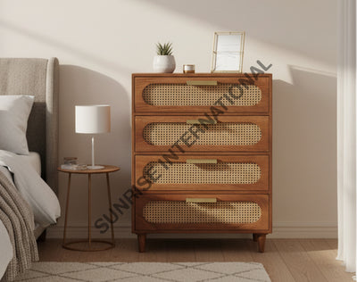 Mid Century Sheesham wood chest of 4 drawer cabinet with rattan cane work! Home & Living:Furniture:Living Room:Chairs