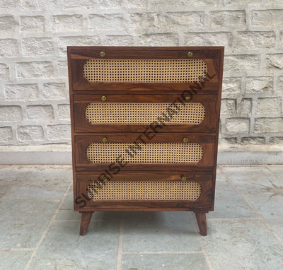 Mid Century Sheesham wood chest of 4 drawer cabinet with rattan cane work! Home & Living:Furniture:Living Room:Chairs