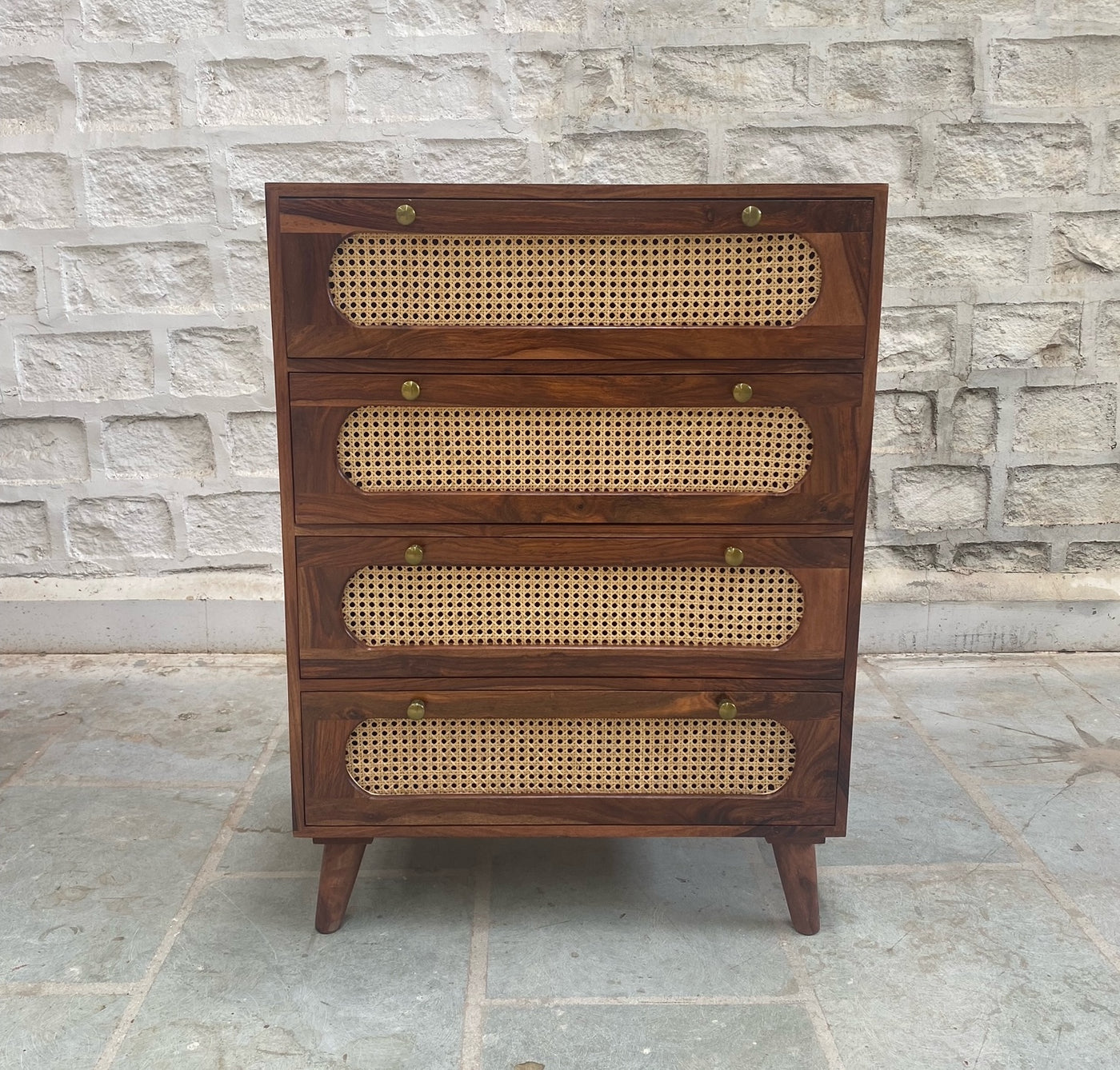 Mid Century Sheesham wood chest of 4 drawer cabinet with rattan cane work !