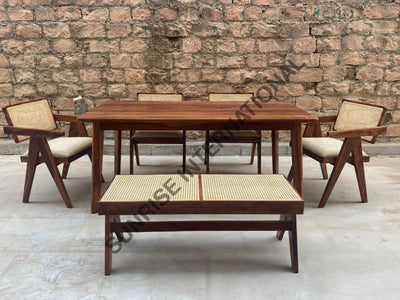 Mid Century Pierre Jeanneret Wooden Dining Table Armchair Bench Furniture Set With Rattan Cane