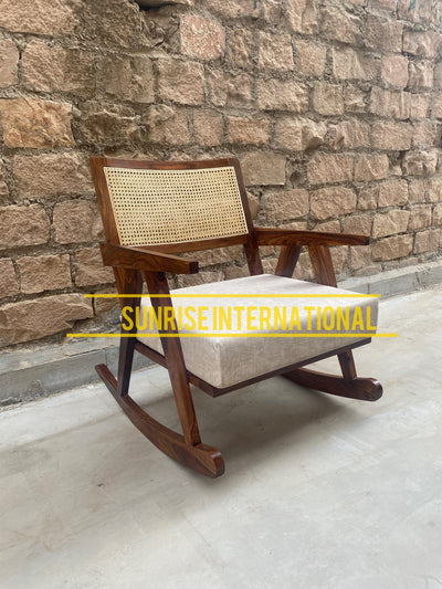 Mid Century Wooden Rocking Chair with rattan cane online in India - Best designs