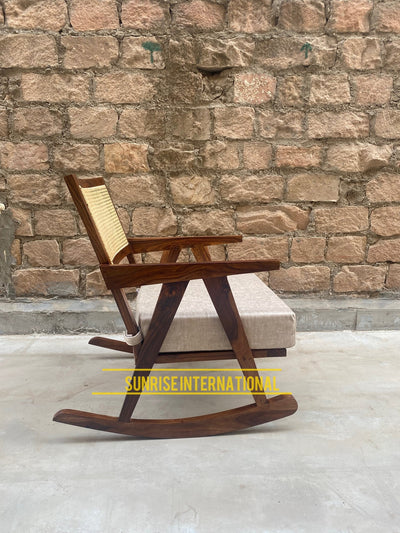 Mid Century Wooden Rocking Chair with rattan cane online in India - Best designs