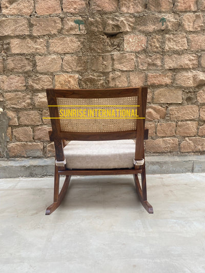 Mid Century Wooden Rocking Chair with rattan cane online in India - Best designs