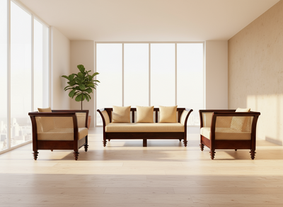 Wooden sofa set with rattan cane in a modern living room.