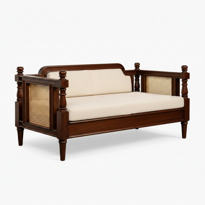 Mid Century designer wooden three, two, single sofa option with rattan cane sofa & cushion