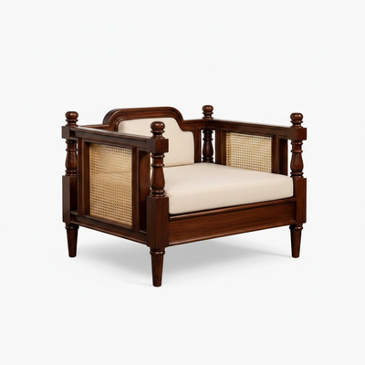 Mid Century designer wooden three, two, single sofa option with rattan cane sofa & cushion