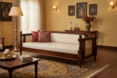 A traditional wooden daybed with a white cushion and patterned red and green pillows, styled in a warm, elegant Indian living room with a wooden coffee table, patterned rug, and wall lamps.