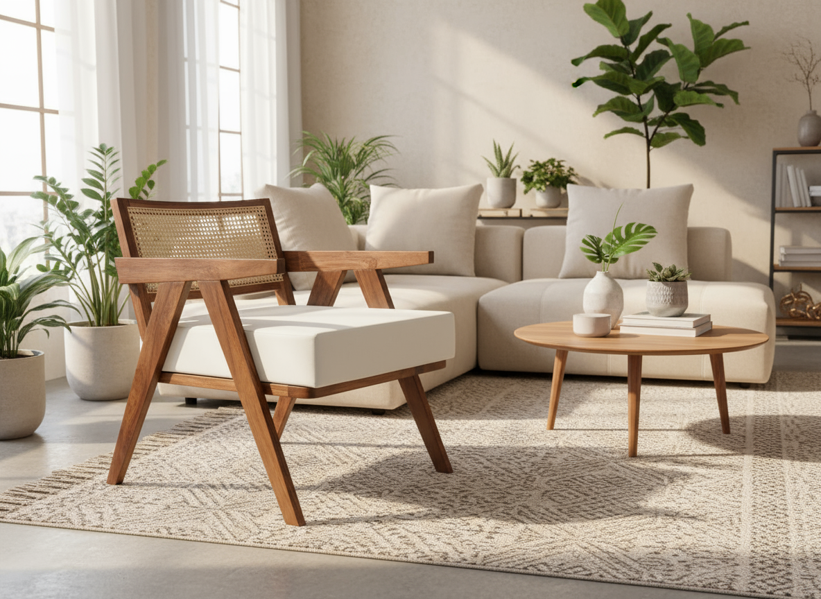 Mid Century sheesham wood leisure accent arm chair with rattan cane work & seat cushion !